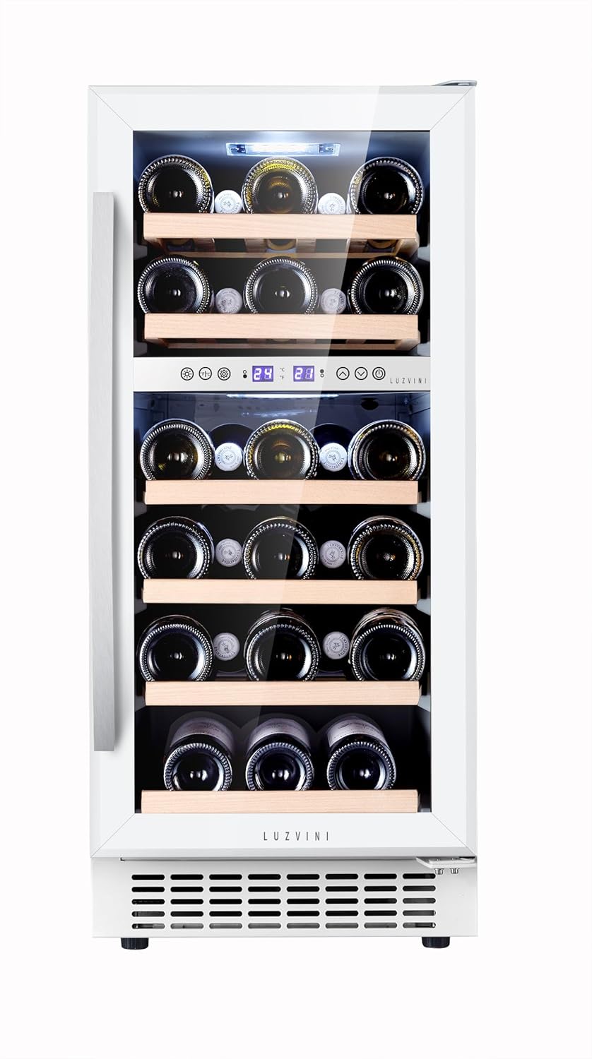 LuzVini LV28W White Freestanding and Built-in Wine Fridge - Wine Climate Cabinet with 2 Zones and Digital Temperature Display, 28 Bottles, White LED Lighting, Full Glass Design Door