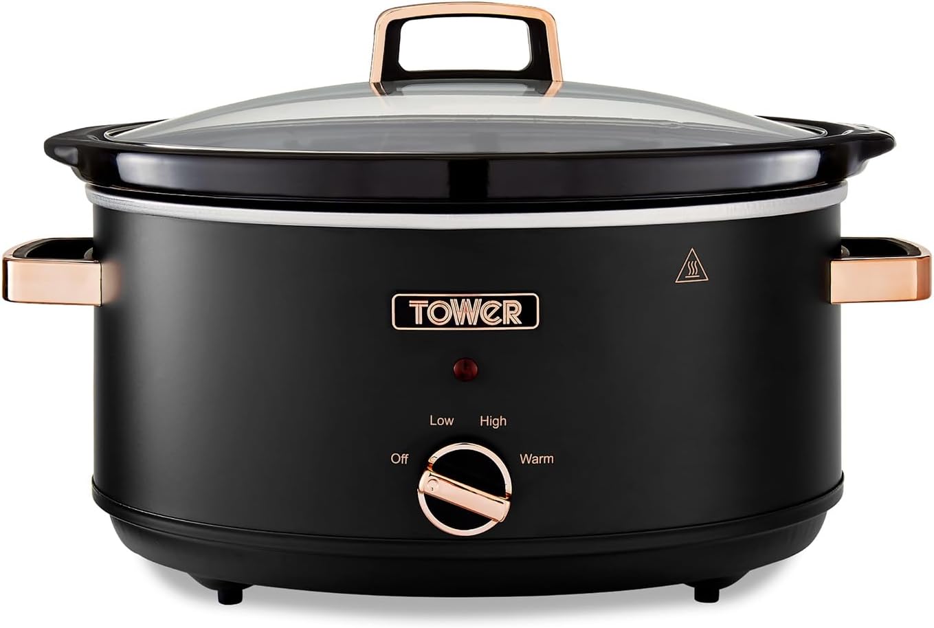 Tower T16043BLK Cavaletto 6.5 Liter Slow Cooker with 3 Heat Settings, Cool Touch Handles, Black and Rose Gold