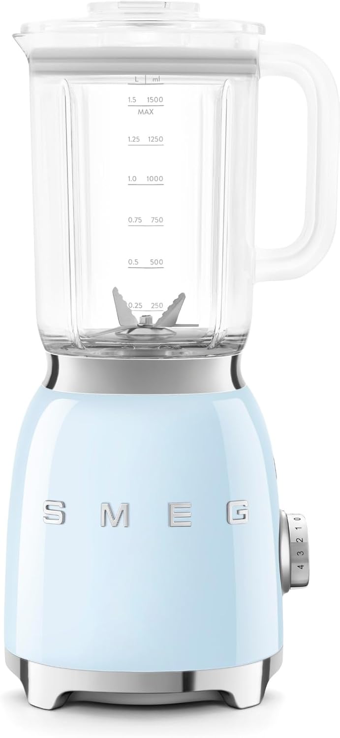 Smeg Store Smeg, BLF03PBEU, 1.5 L Blender, 4 Speed Levels, 4 Automatic Programmes, Removable Double Blade, Transparent Lid Opening with Dosing Cap, Non-Slip, 800W, Blue