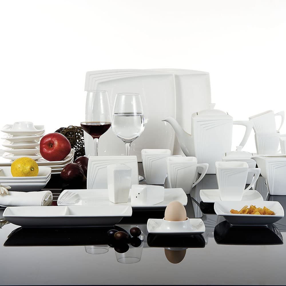 MALACASA, Rebeca Series 40-Piece Porcelain Breakfast Service Dinner Service with 6 Coffee Cups, 6 Saucers, 6 Flat Plates, 6 Soup Bowls, 6 Egg Cups, 1 Serving Plate