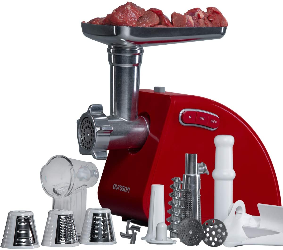 Electric Meat Grinder, Oursson 4-in-1 Accessories for Cubbe, Tomato Juice and Sausage Attachment, Chopping Function, 4 Blades, Stainless Steel Knife, CE Certified, 1500 W (Red)