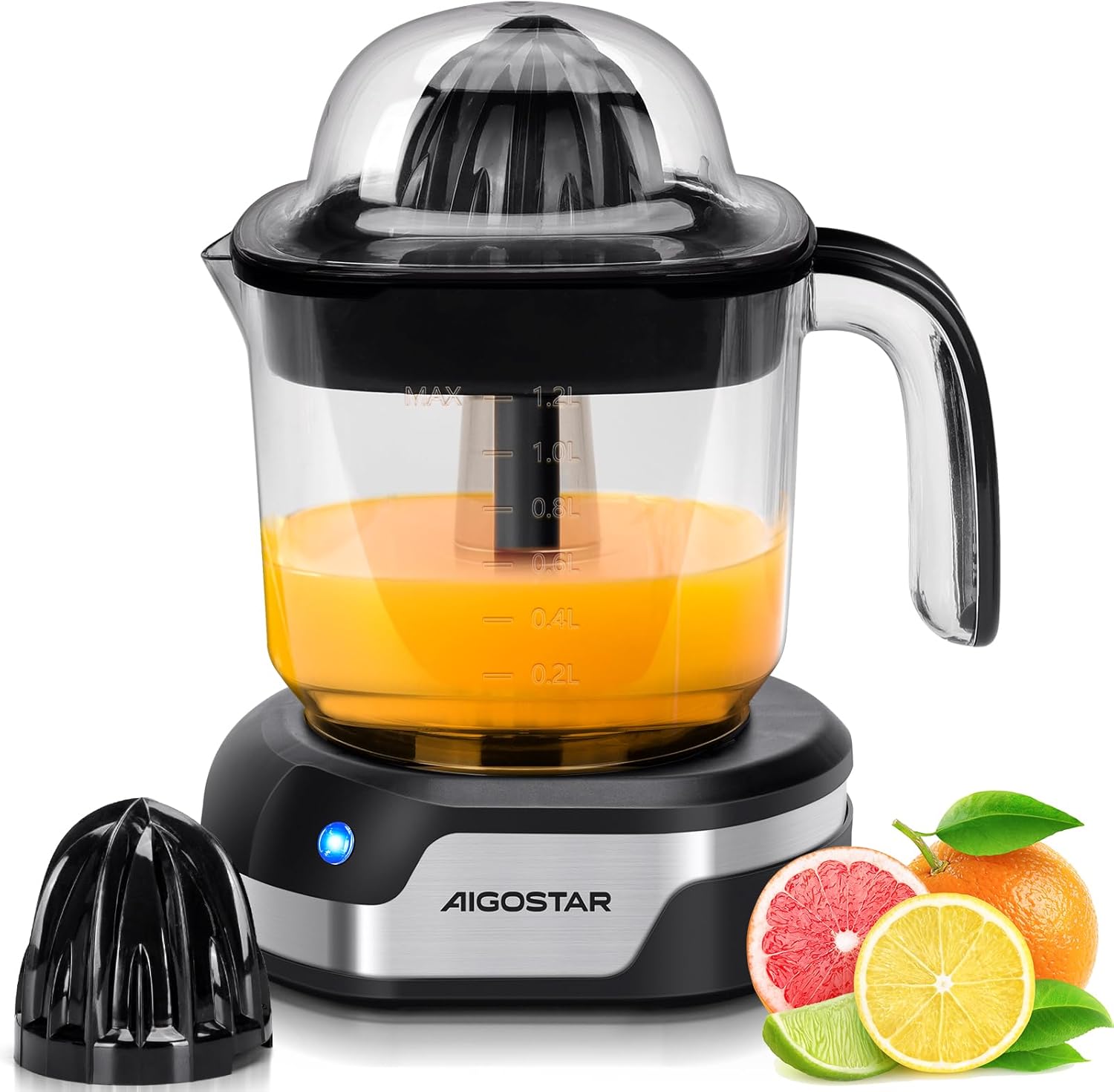 Aigostar Juicy Electric Lemon Squeezer, 1.2 L Large Volume, Electric Juicer with LED Work Lamp and 2 Removable Cones, 40 W, Citrus Juicer 2 Directions of Rotation, Stainless Steel Base