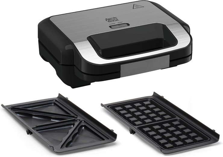 Tefal Jamie Oliver SW70J810 2-in-1 Sandwich Waffle Combination Device, Non-Stick Plates, Dishwasher Safe, Operation and Temperature Indicator Light, Cable Winder, Stainless Steel/Black, SW70J810