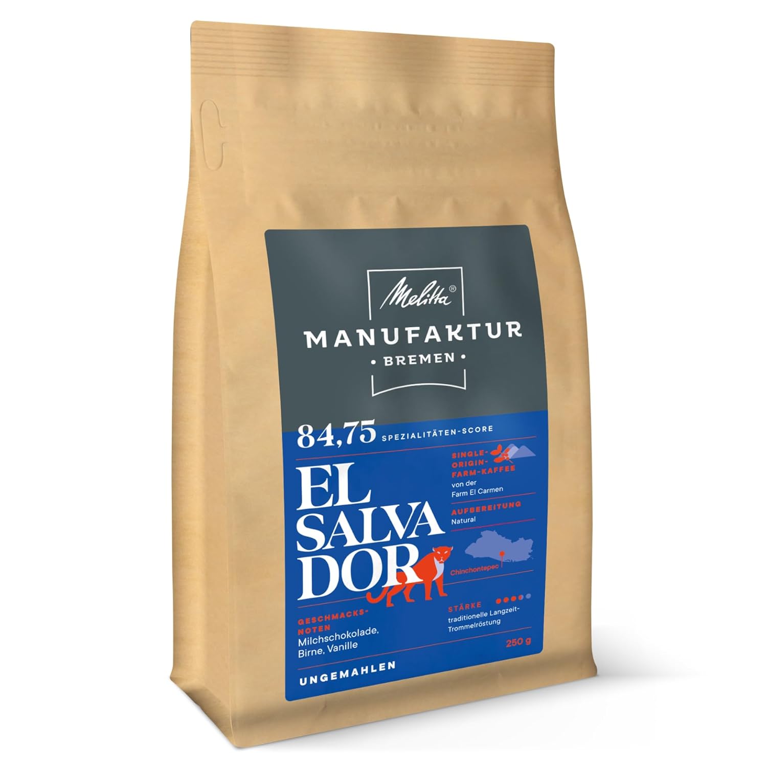 Melitta Manufaktur-Kaffee El Salvador, specialty coffee, 250g, entire coffee beans, uncomfortable, single-orin-farm coffee, gentle drum roasting, roasted in Germany, starch 3.5