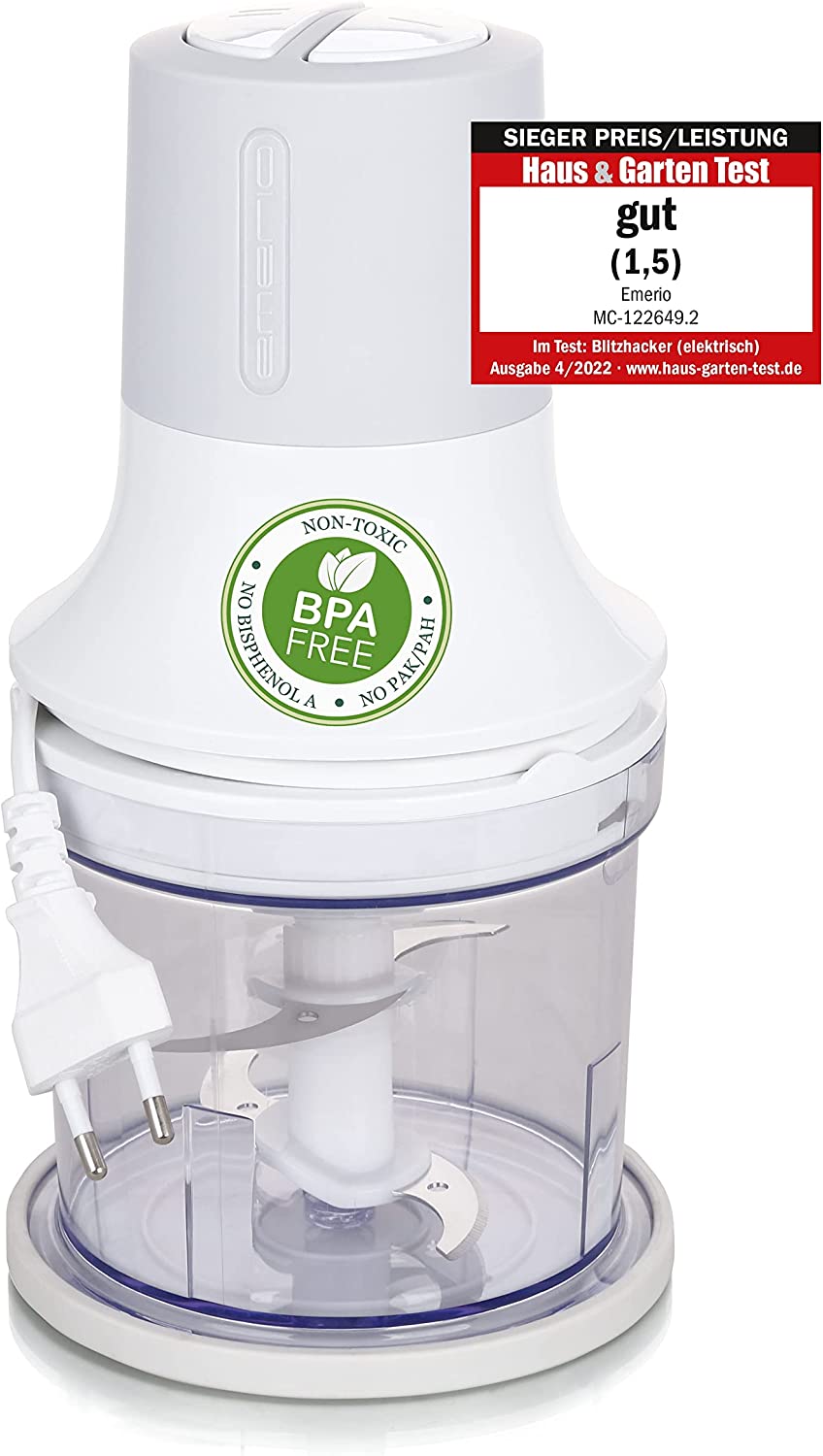 Emerio Universal Chopper with 500 ml Container Volume, 260 Watt, Electric Multi-Chopper with 4 Blades Made of Stainless Steel for Crushing e.g. Meat, Onions, Fruit, Vegetables