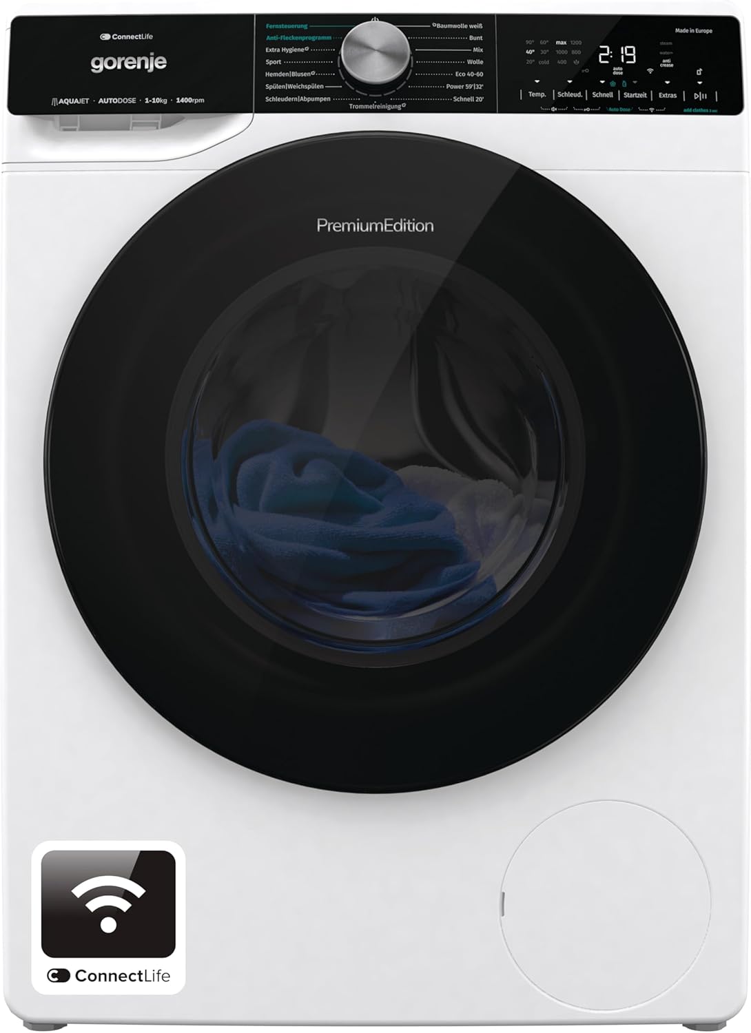 Gorenje WNS14A4ATS Washing Machine with Steam Function, ConnectLife, 10 kg, 1400 rpm, 15 Programmes, Total AquaStop, Wave Active Drum, Sport, ExtraHygiene, PowerWash, Quick Wash, Energy Efficiency Class: A-40%