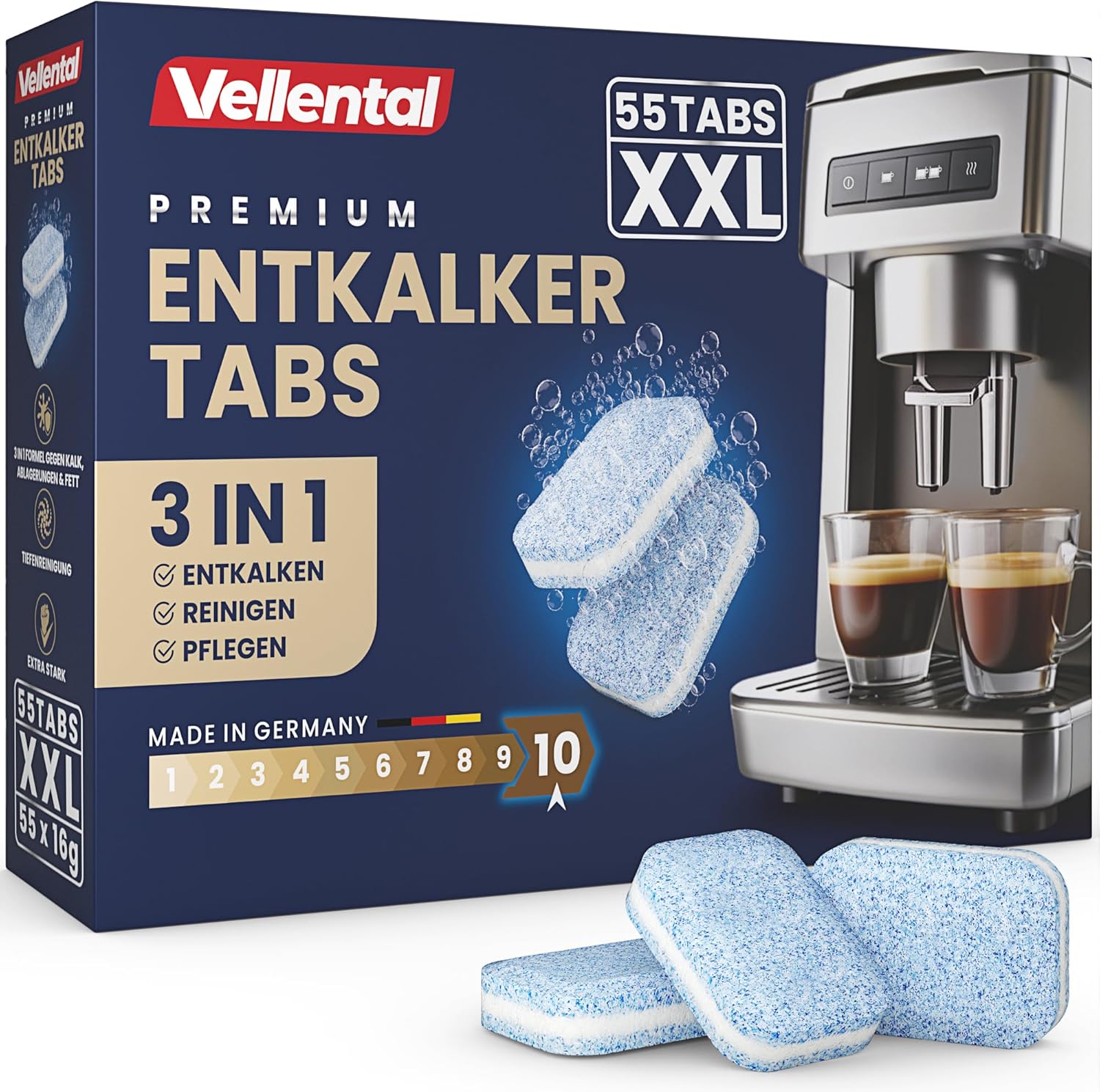 3-in-1 Descaler for Fully Automatic Coffee Machines & Coffee Machines (Pack of 55) - Descaling Tablets for Siemens EQ Series, Delonghi, Jura, Krups, Bosch, Miele, Melitta, Tassimo, WMF