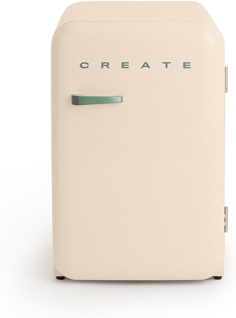 CREATE RETRO FRIDGE 83.5 SAGE/Fridge in Off White, Sage Green Handle, 98 W, Energy Saving, 2 Shelves, Temperature Control, Wine Rack, 56 x 54 x 84 cm