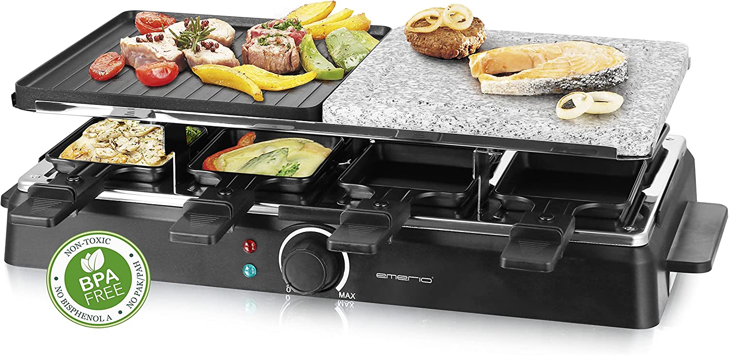 Emerio Raclette for Up to 8 People with Hot Stone and Grill Surface in Combination, Adjustable Temperature, Natural Stone Plate, Including 8 Pans, Earthenware, Non-Stick Coating RG-126708