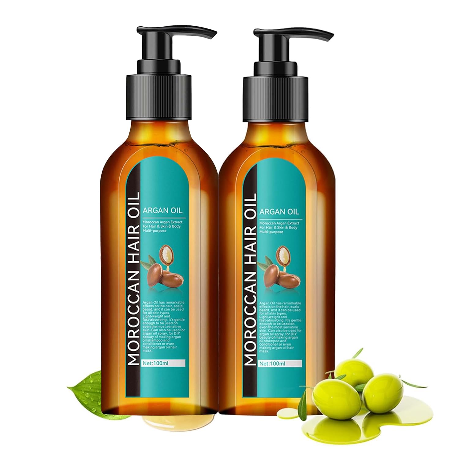 Moroccan Hair Oil 100 ml, Intensive Hair Oil with Argan Oil from Morocco, Moroccan Hair Care Oil, Natural Care for Dry & Damaged Hair, Minimises Split Ends, Shiny (100 ml, Pack of 2)