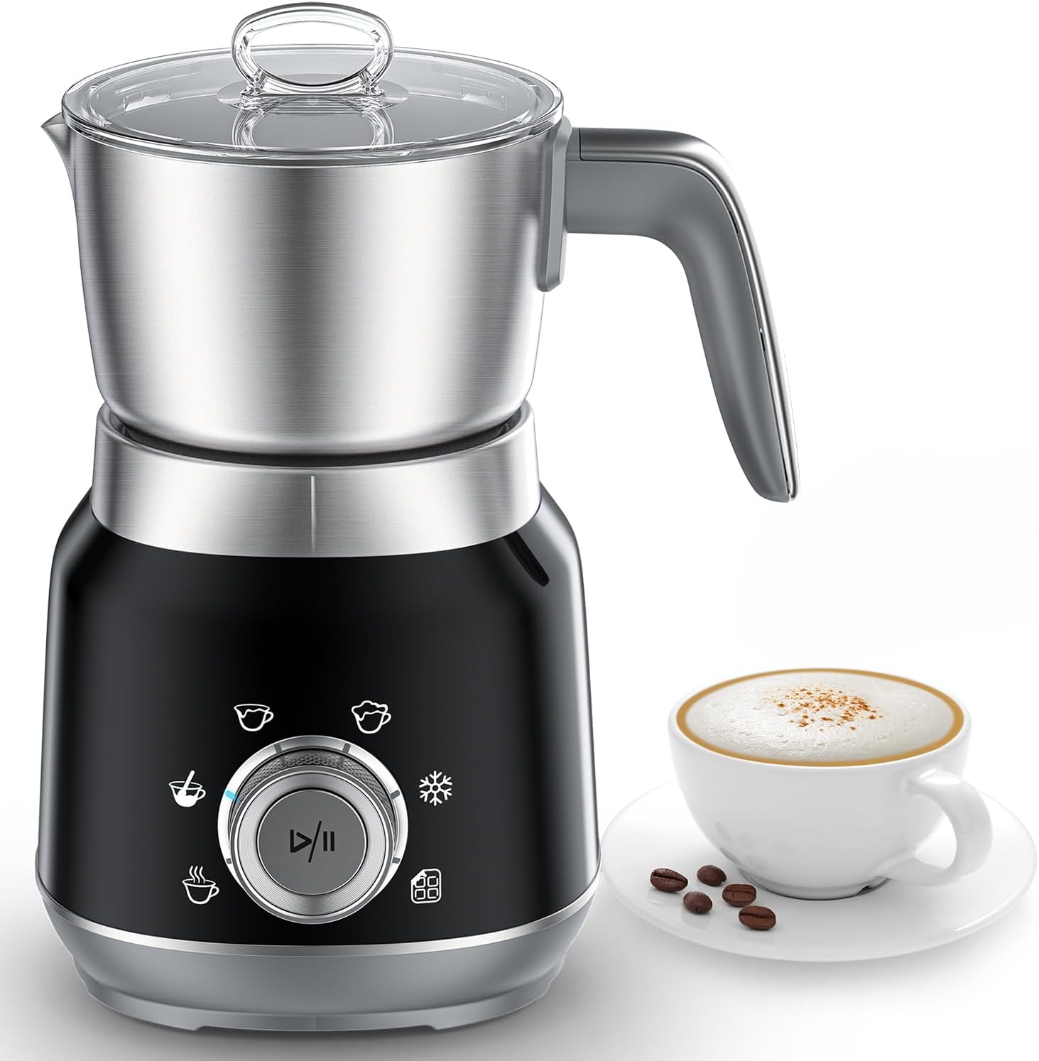 6 in 1 Electric Milk Frother and Warmer with Removable Cups, Automatic Cold and Hot Foam Maker for Slats, Cappuccinos, Hot Chocolate, Dishwasher Safe
