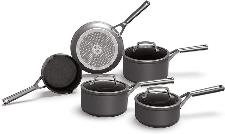 Ninja Foodi ZEROSTICK C35000EU 5-Piece Pan Set with Glass Lids, Non-Stick Coating, Hard Anodized Aluminum, Suitable for Induction Cookers, Oven and Dishwasher Safe, Stainless Steel Handle, Gray