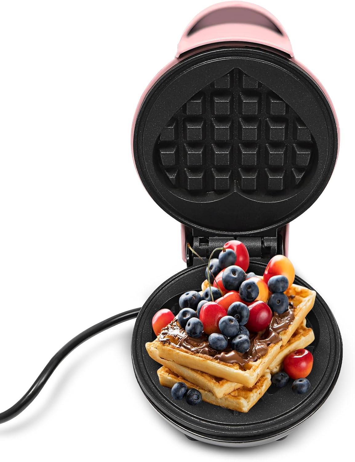 Tyvotrend Mini Heart-Shaped Waffle Iron 350 W, Waffle Maker, Electric Heart Waffle Iron with Non-Stick Coating, Double-Sided Heating, for Delicious Waffles, Sandwiches, Hamburgers (Pink)