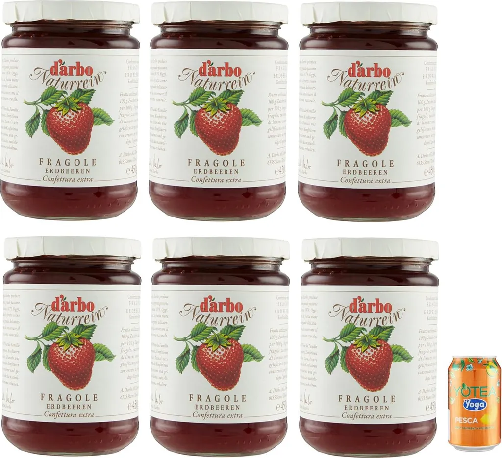 6-pack Darbo Pure Natural Strawberry Jam, 450g jar + 1-pack Yoga Peach Iced Tea, 330ml can