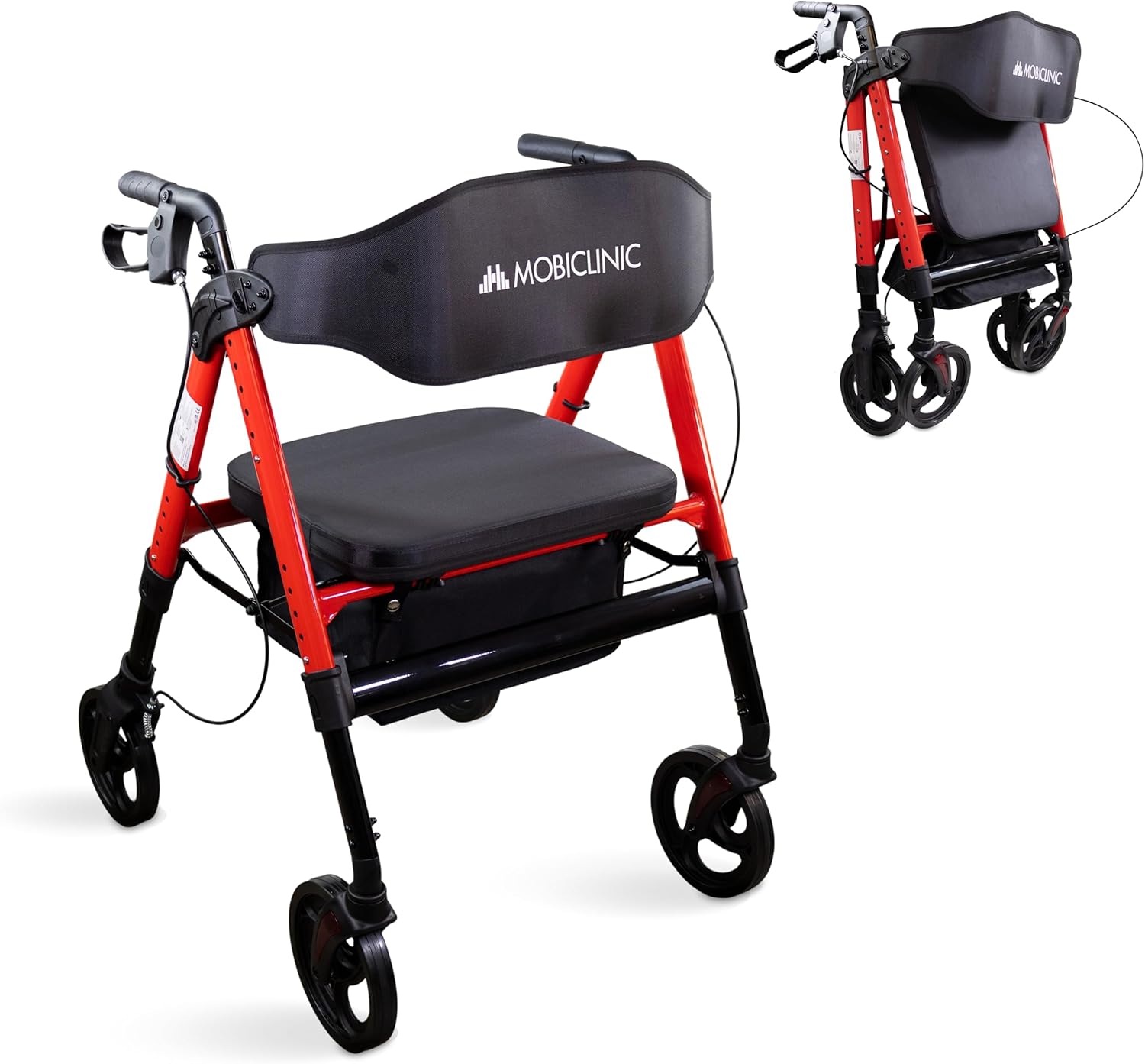 Mobiclinic, Madeira Folding Walking Aid XXL Up to 204 kg Special Width Adjustable Handlebar and Seat 360° Wheels Backrest XL Basket Reinforced Aluminum