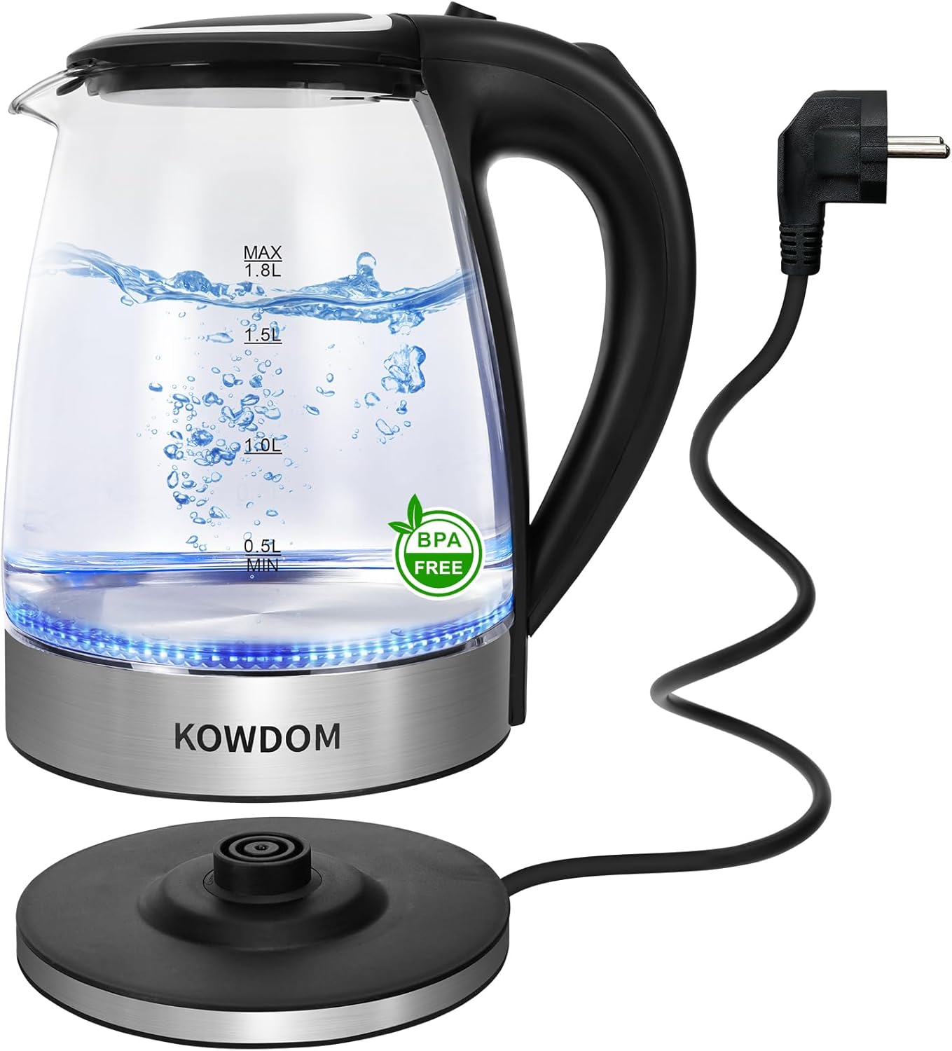 Glass Kettle 1.8 L Made of Borosilicate Glass & BPA-Free - 2200 W with Flash Heating | Automatic Shut-Off + Dry Run Protection