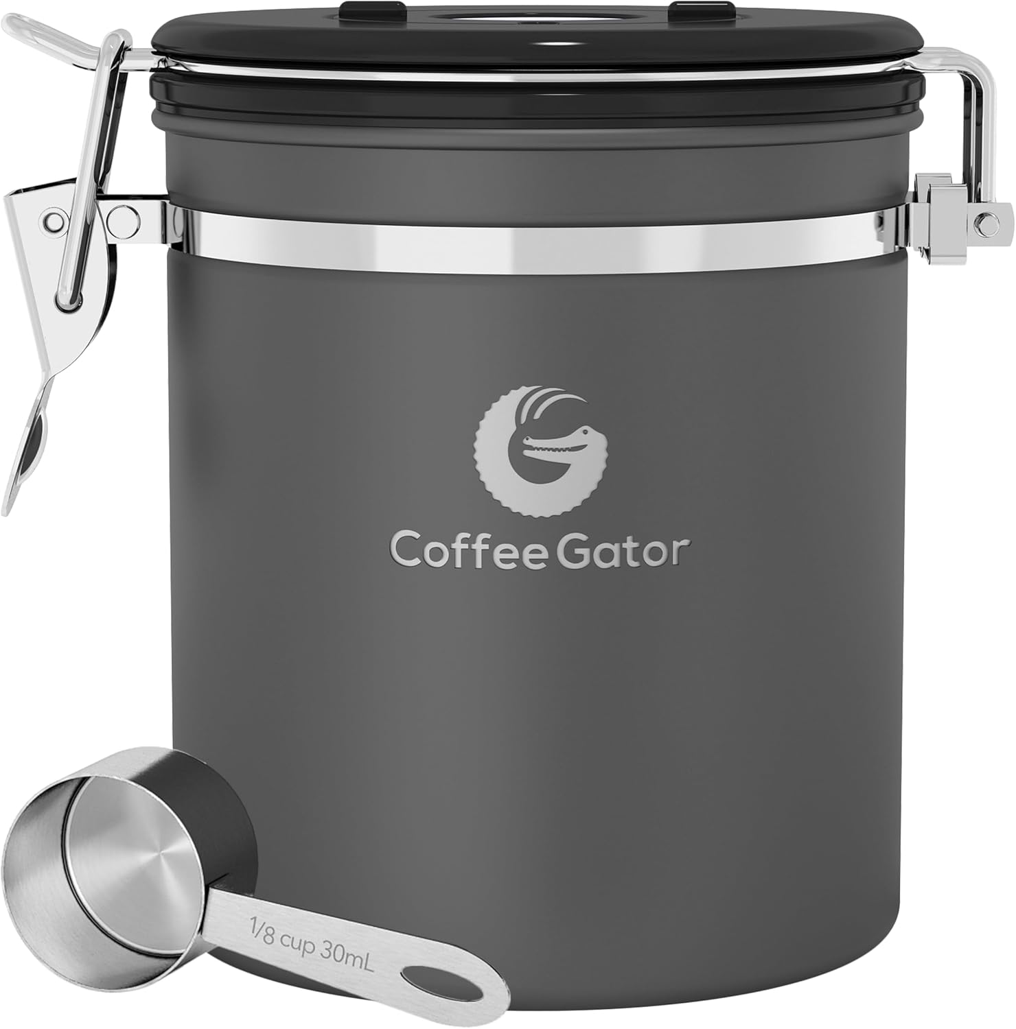 Coffee Gator Stainless Steel Coffee Canister - Keeps Ground Coffee and Beans Fresh Longer - Container with Date Tracking, CO2 Release Valve and Measuring Spoons (Large, Grey), medium, gray