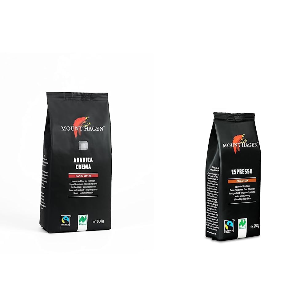 Mount Hagen Bio ft Naturland roasted coffee arabica crema, 1kg whole bean & organic ft naturland espresso, 250g ground