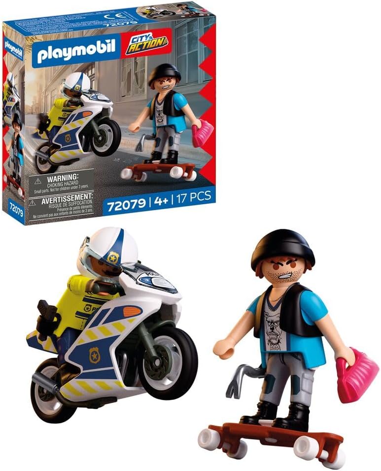 PLAYMOBIL City Action Police Chase with Motorcycle, Police Officer Chases Thief on Longboard, Promotes Creativity, Children\'s Toy from 4 Years, 72079