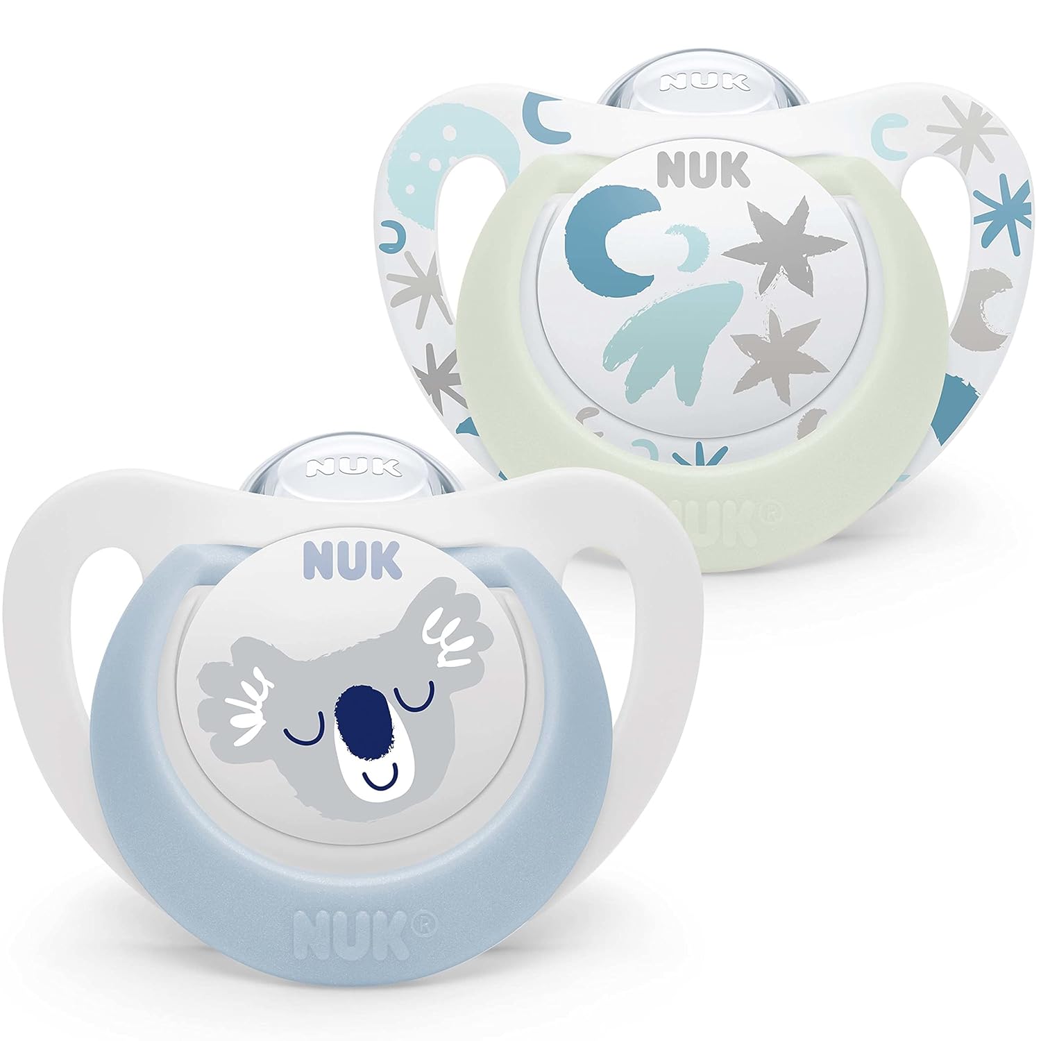NUK Star Baby Dummy, 0-6 Months, Day & Night Dummy, BPA-Free Silicone, Blue Koala, Pack of 2