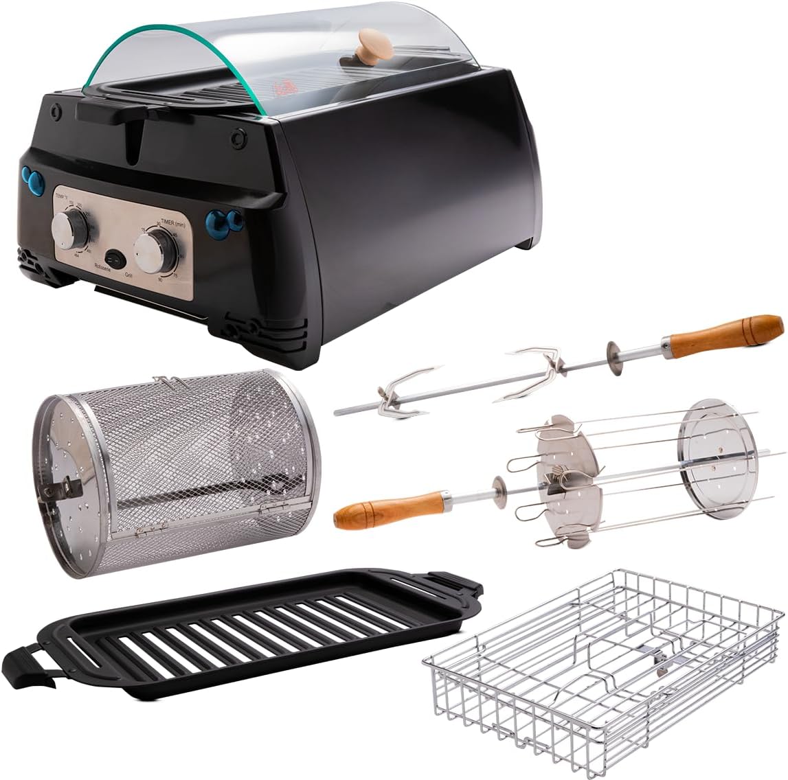 LIVINGTON Livingon Rotisserie Chef Mega Set - Indoor Grill, Rotary Grill and Table Grill With Extensive Accessories - Rotisserie Spit for Chicken - Electric Grill - Kebab Skewer - Rotating Basket - Low -Fat