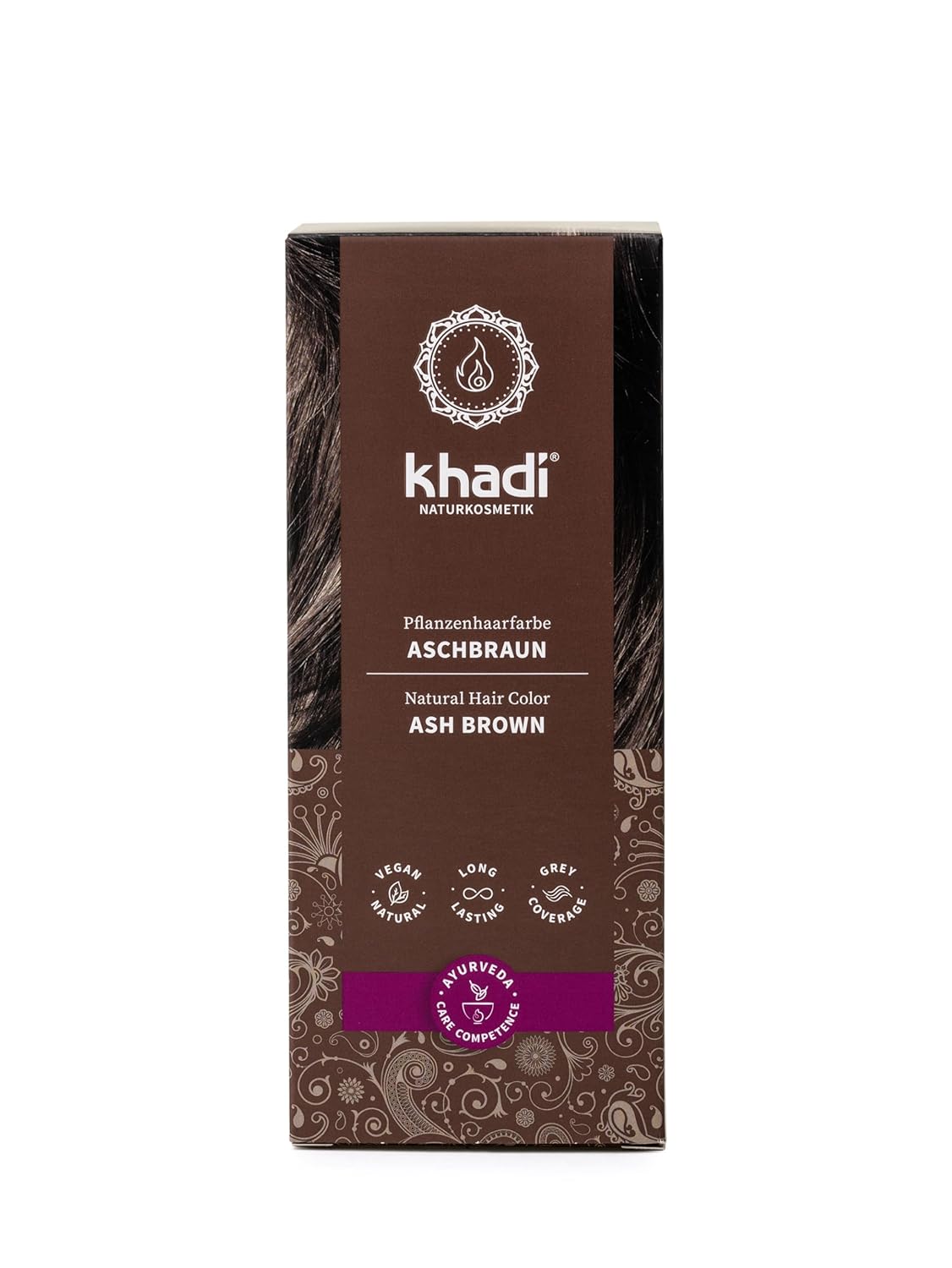 Khadi Plant-Based Hair Color, Ash Brown, Hair Color for Matte and Medium Brown, Natural Hair Color, 100% Vegetable, Natural & Vegan, Natural Cosmetics, 100 g