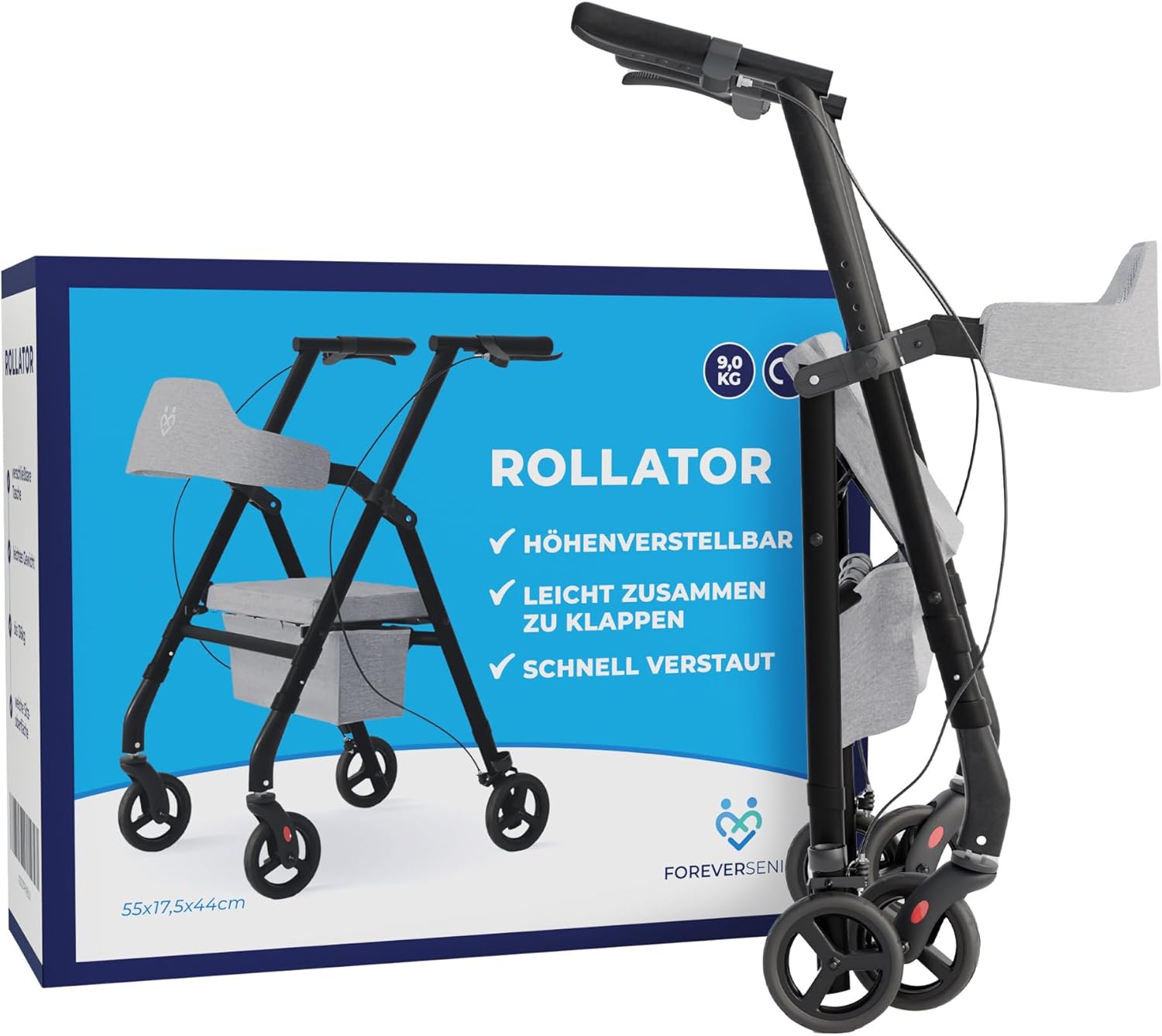 ForeverSenior Foldable Rollator with Seat and Comfortable Backrest - For Seniors with Large Rubber Tyres and Removable Carry Bag - Colour Designer Matte Black, 8 kg