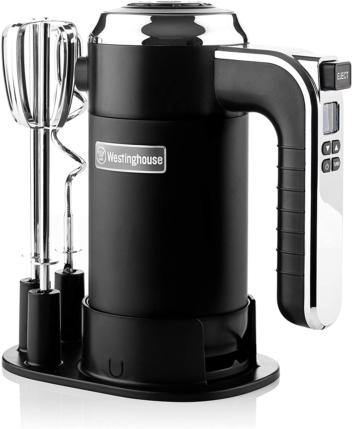 Westinghouse Retro hand mixer, 5 speed settings + turbo function, 2 whisks, 2 dough hooks, LCD display, timer, base base, storage bag, 350 watts, black