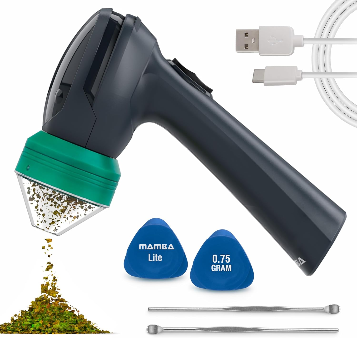 Mamba Lightweight Electric Spice Mill - Portable Grinder in Green with 0.75 g Volume, USB Rechargeable, for One-Handed Operation - Electric Crusher for Spices, Herbs and Pollen