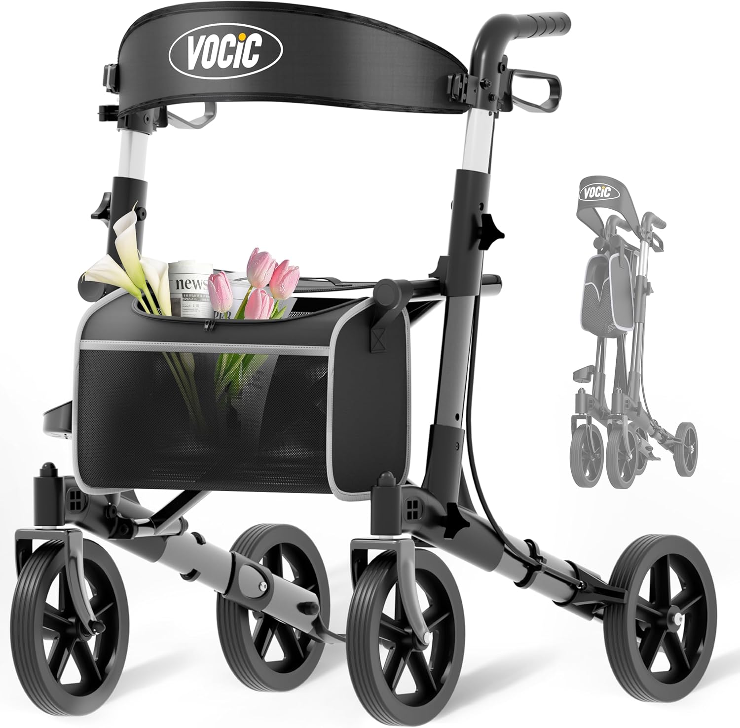 VOCIC Foldable and Lightweight Rollator with Seat, Narrow Rollator for Apartments, Foldable Aluminum Walking Aid for Seniors, Weighs Only 7.8kg, Buy All Terrain Walker, 5 Year Support | Raven Black