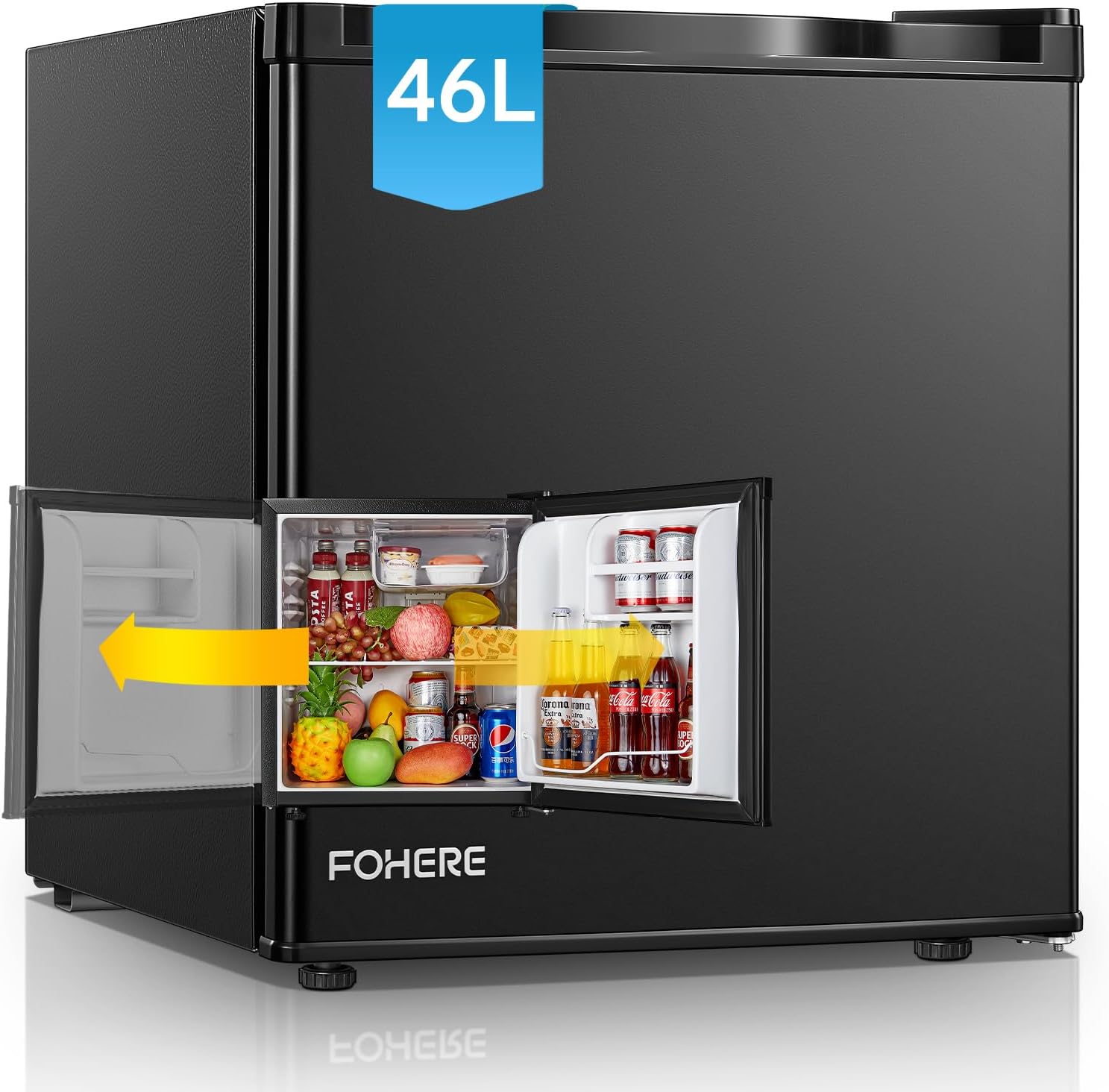 FOHERE Mini Fridge 46 L with Ice Compartment, Small Fridge Temperature Control, Energy Saving, Quiet, Drinks Fridge Ideal for Office, Camping and Gaming, Interchangeable Door Hinge, Black