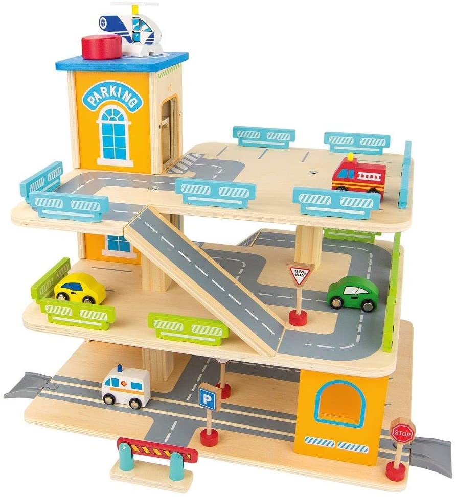 Leomark Large Wooden Parking Garage - Car Parking Garage With Accessories, 