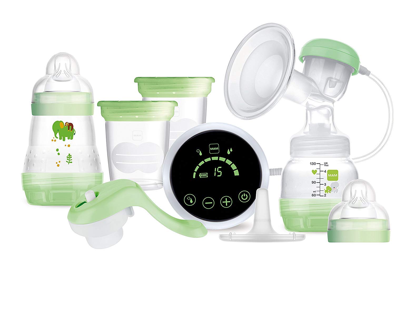 MAM Electric Breast Pump 2 in 1 Flexible Manual or Electric Use Stimulation and Extraction Modes 9 Intensity Levels and Rechargeable Battery Quiet Silent with Accessories