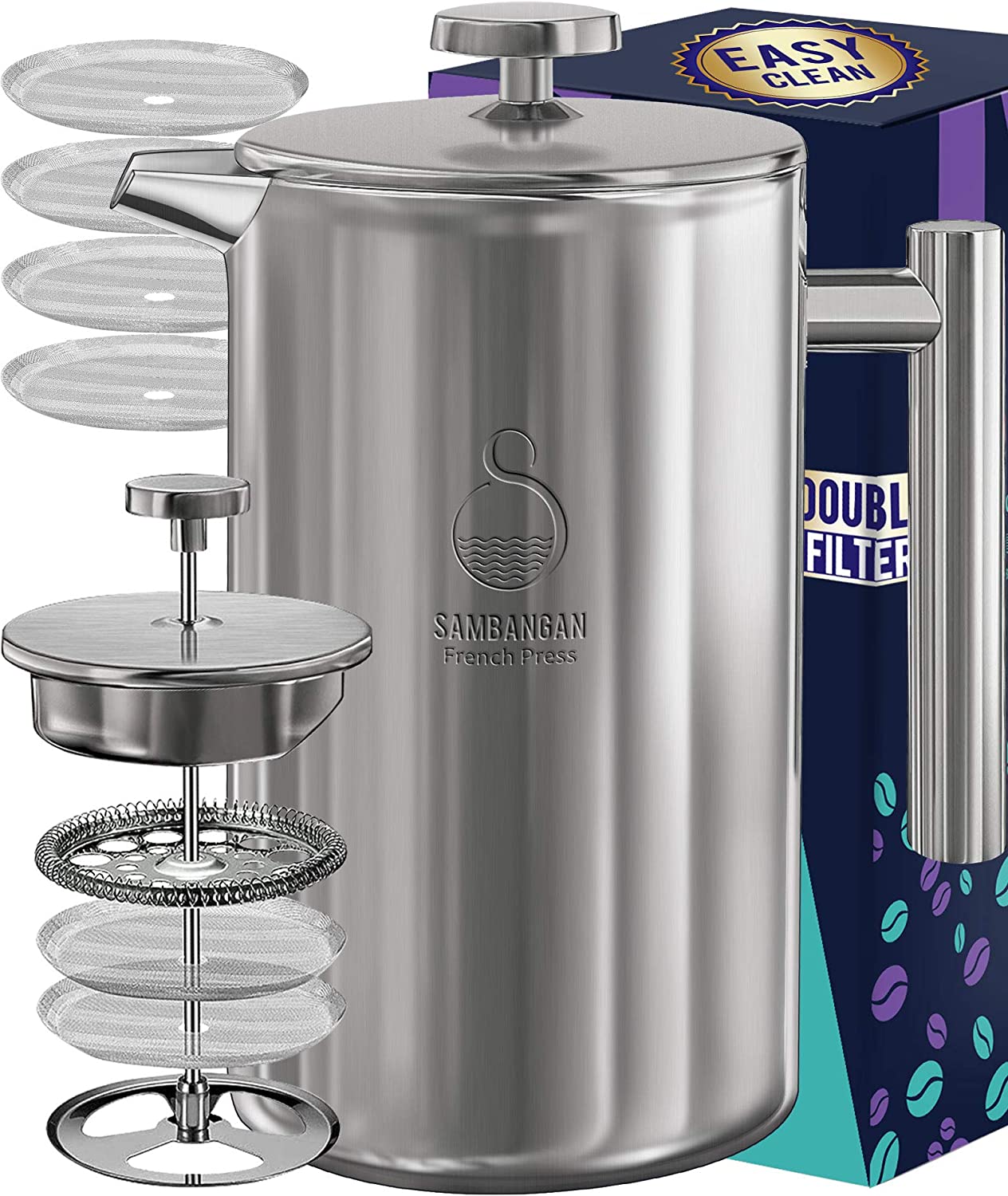 SAMBANGAN French Press Coffee Maker Stainless Steel Coffee Press Coffee Maker 60 Ounces Double-Walled Metal Insulated Coffee Maker with 4-Stage Filter System, Rustproof, Dishwasher Safe (1.75 L)