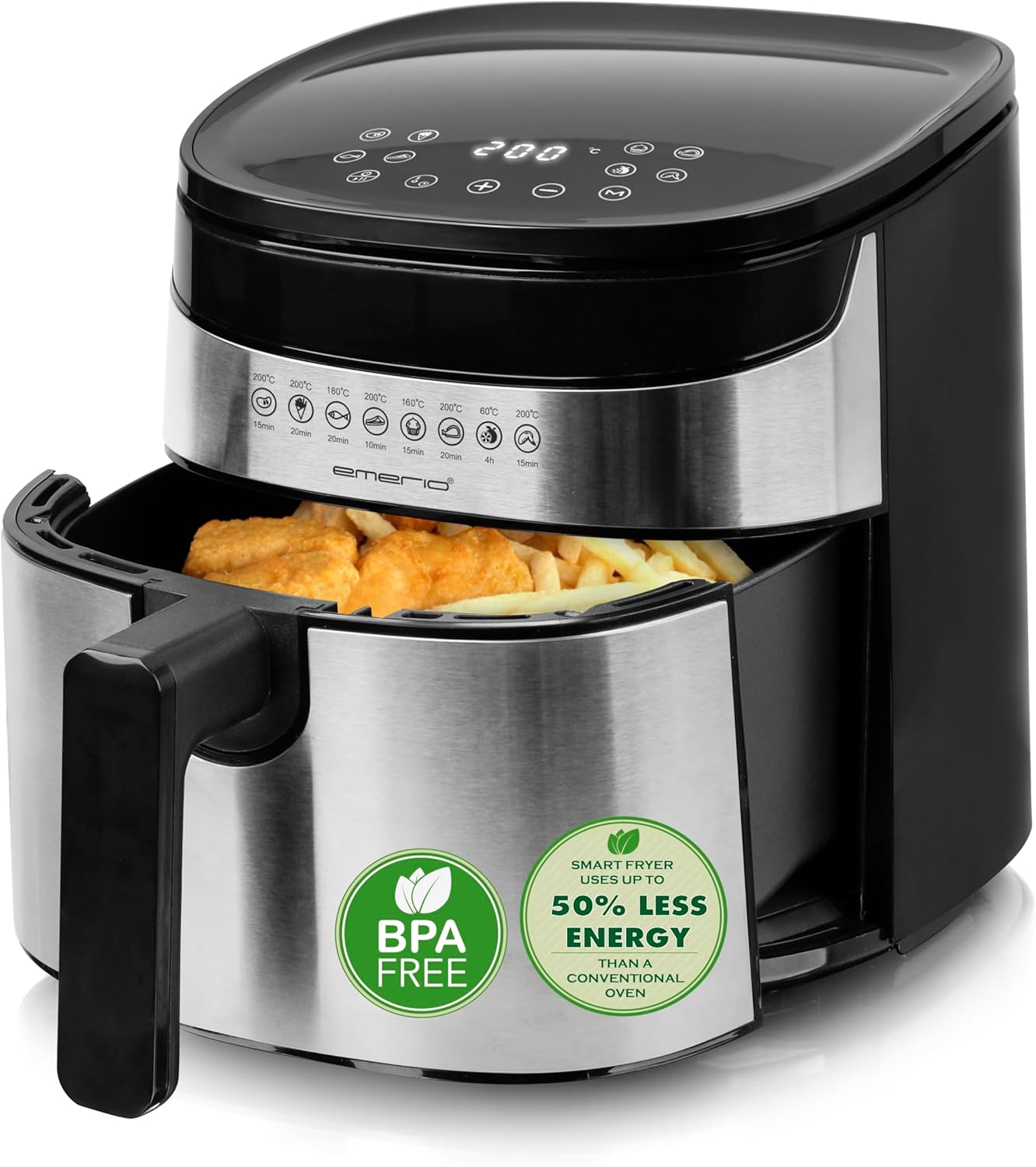 Emerio 4.5 Litre Large Digital Hot Air Fryer Top AirFryer Frying without Additional Oil 8 Automatic Programmes Stainless Steel INOX BPA Free Quick Heating Easy to Clean 1300 W AF-129084