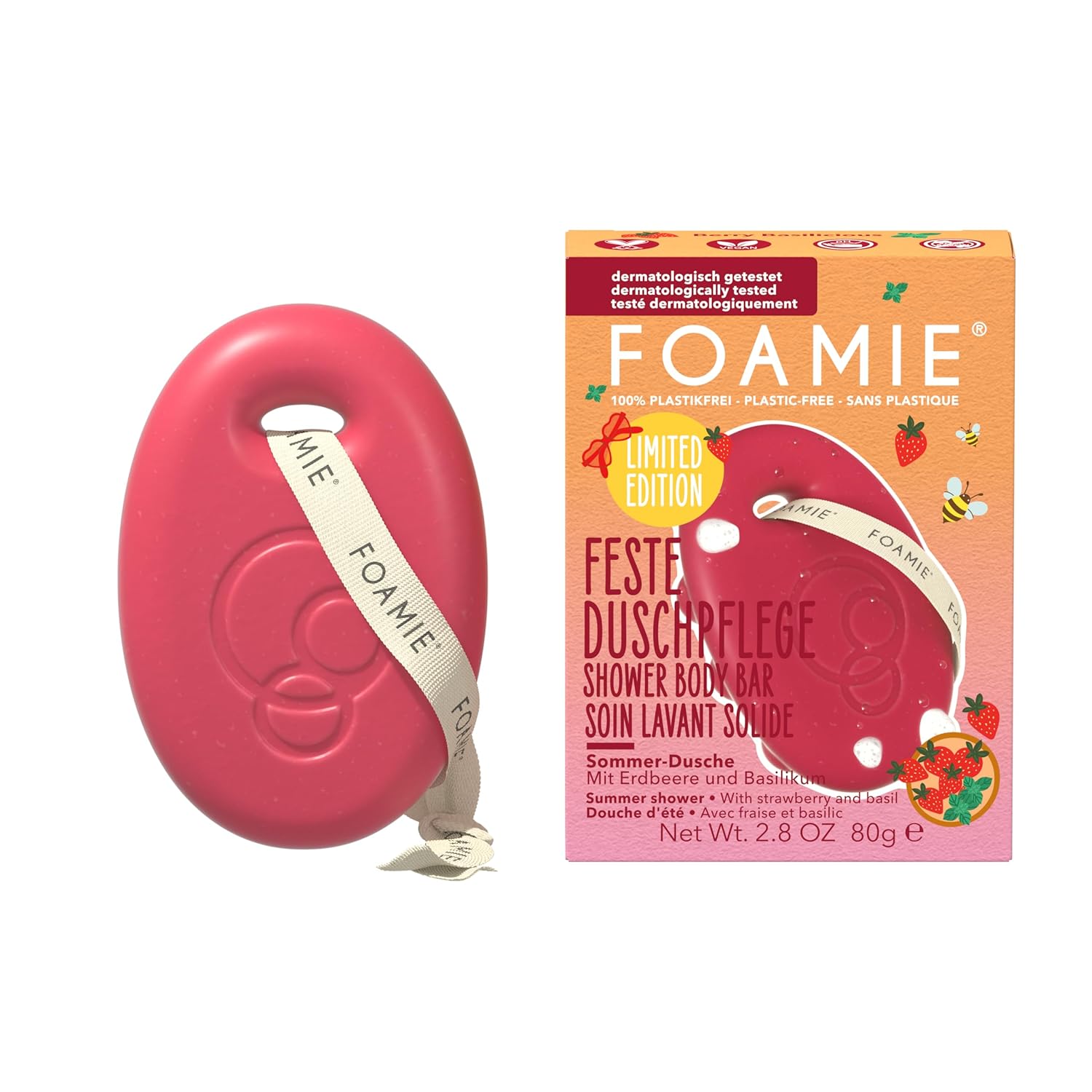 Foamie Berry Basilicious Firm Shower Care - Fruity Fresh Fragrance with Strawberry & Basil - 3-in-1: Cleanses, Nourishes & Massages - Skin-friendly pH Value - No Plastic, Ideal for Sensitive Skin