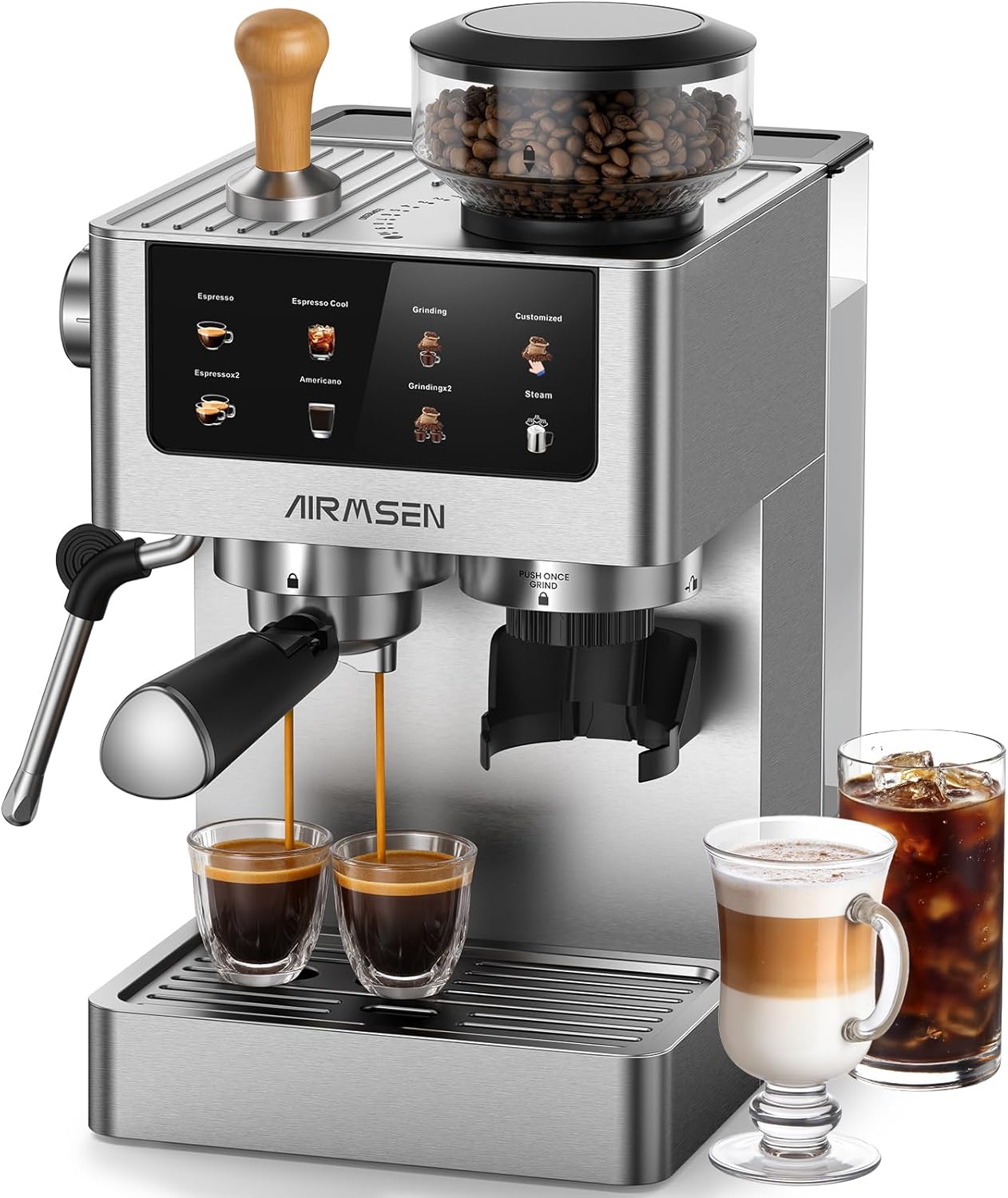 AIRMSEN Espresso Machine with Cone Grinder & Milk Frother - 20 Bar, Touch Screen, Stainless Steel, 1.8 L Water Tank, for Cold Brew/Americano, Household Coffee Machine