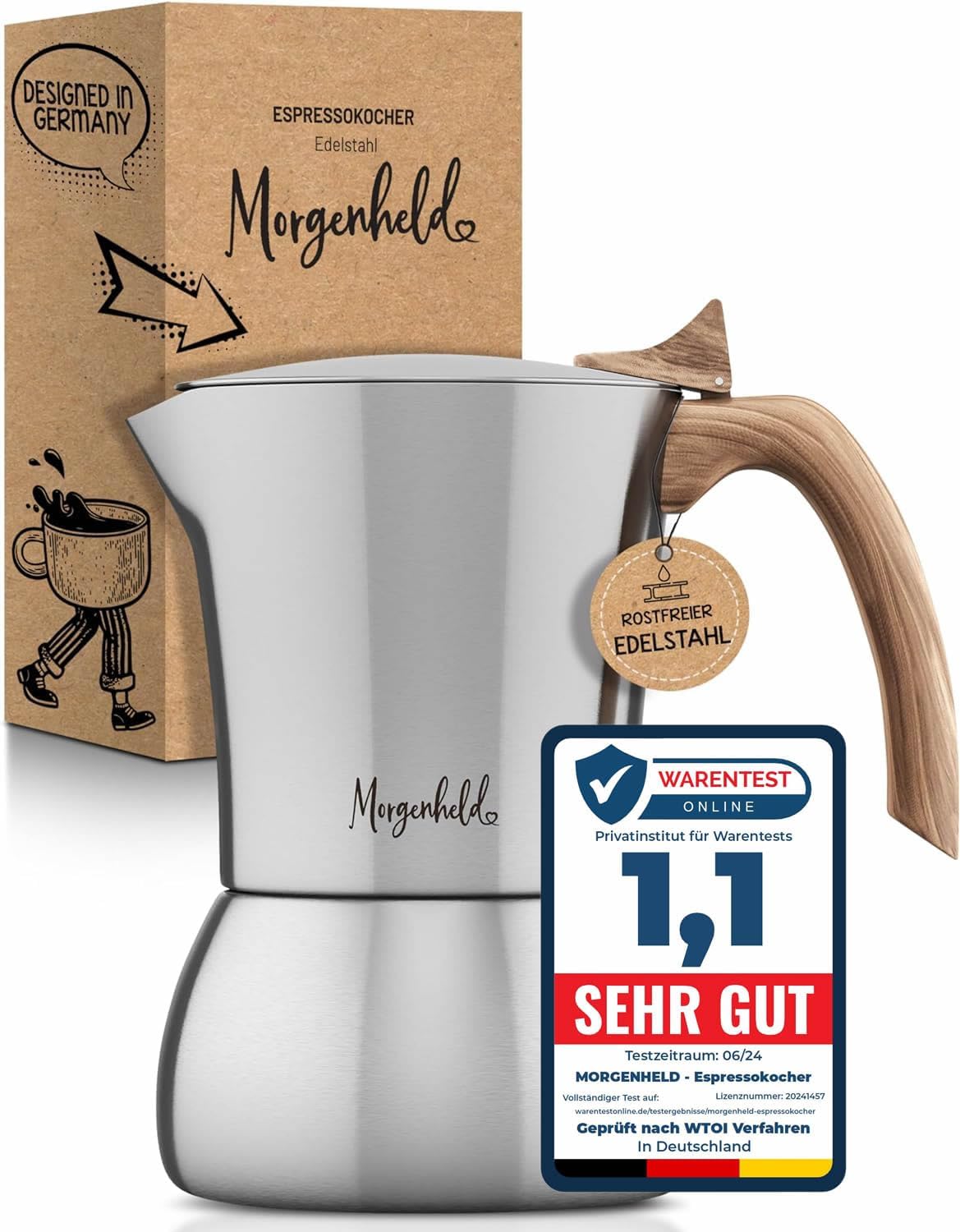 Flow Premium Espresso Maker Stainless Steel 6 Cups 300 ml Induction Espresso Pot Espresso Maker for Home and Camping Mocha Cooker for All Hobs Suitable for Induction Cookers BPA-Free