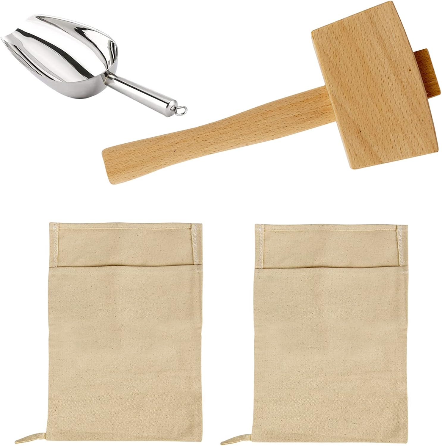 Lewis Bag and 1 Piece Ice Hammer Set - Reusable Canvas Crushed Ice Bags with Wooden Ice Crusher Hammer for Home Party Bar Kitchen Dry Ice Crushing