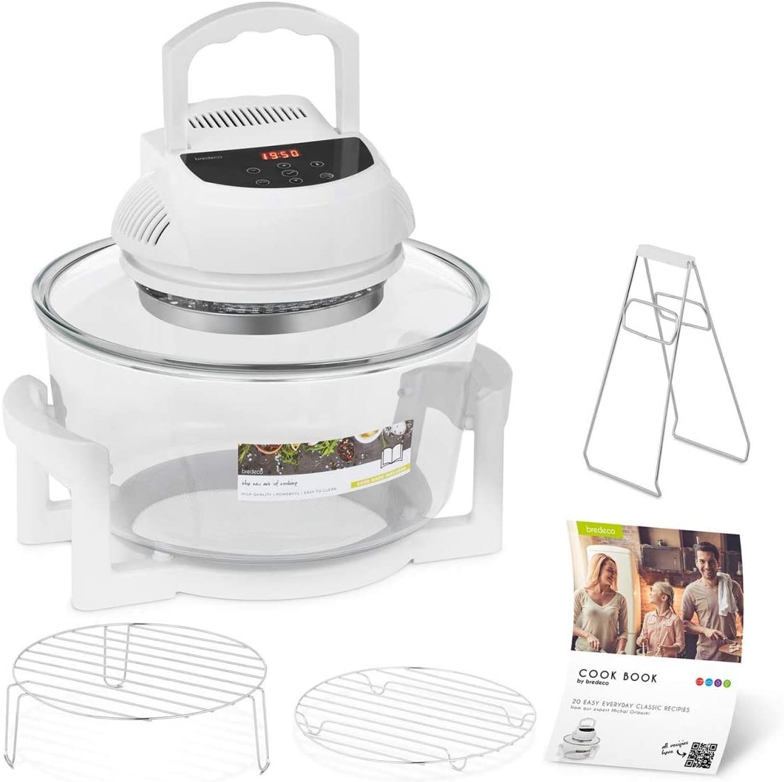 Bredeco BCHO-17L-D Halogen Oven Hot Air Oven 17 Litres with Expansion Ring 1400 W Mini Oven Small Self-Cleaning Function and Timer Max. 60/180 Min Includes E-Recipe Book