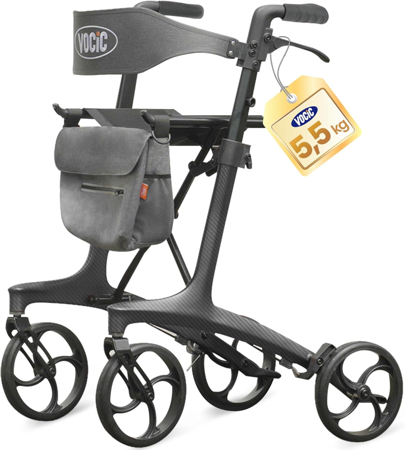VOCIC Z75 Carbon Rollator Foldable and Lightweight with Seat, 5.5 kg Ultralight Rollator Slim for Home, Indoor & Outdoor Foldable Rollators Foldable for Seniors, Max 136 kg, 5 Year Support, Black