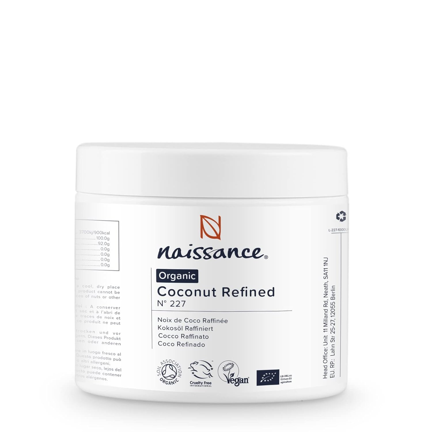 Naissance Refined Organic Coconut Oil (No. 227) - 250 g - Pure, Natural, Organic, Cruelty Free, Vegan - Moisturising and Moisturising - Ideal for Aromatherapy, Skin Care, Hair Care