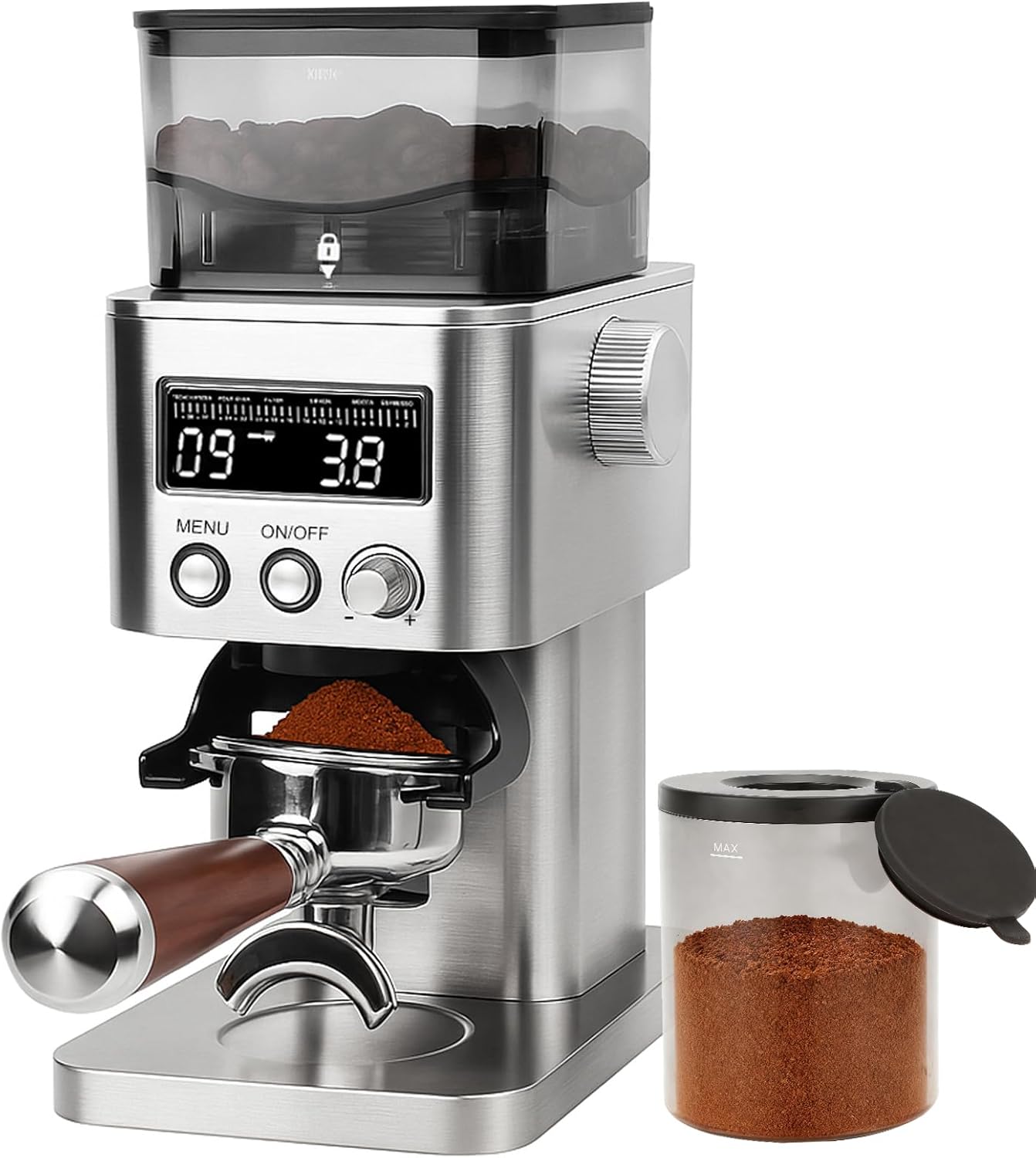 Homtone Stainless Steel Electric Coffee Grinder for Portafilter, Coffee Grinder with LCD Screen, 31 Precise Grinding Levels, Conical Grinder for Espresso/Filter Coffee/Brewing Coffee/French Press