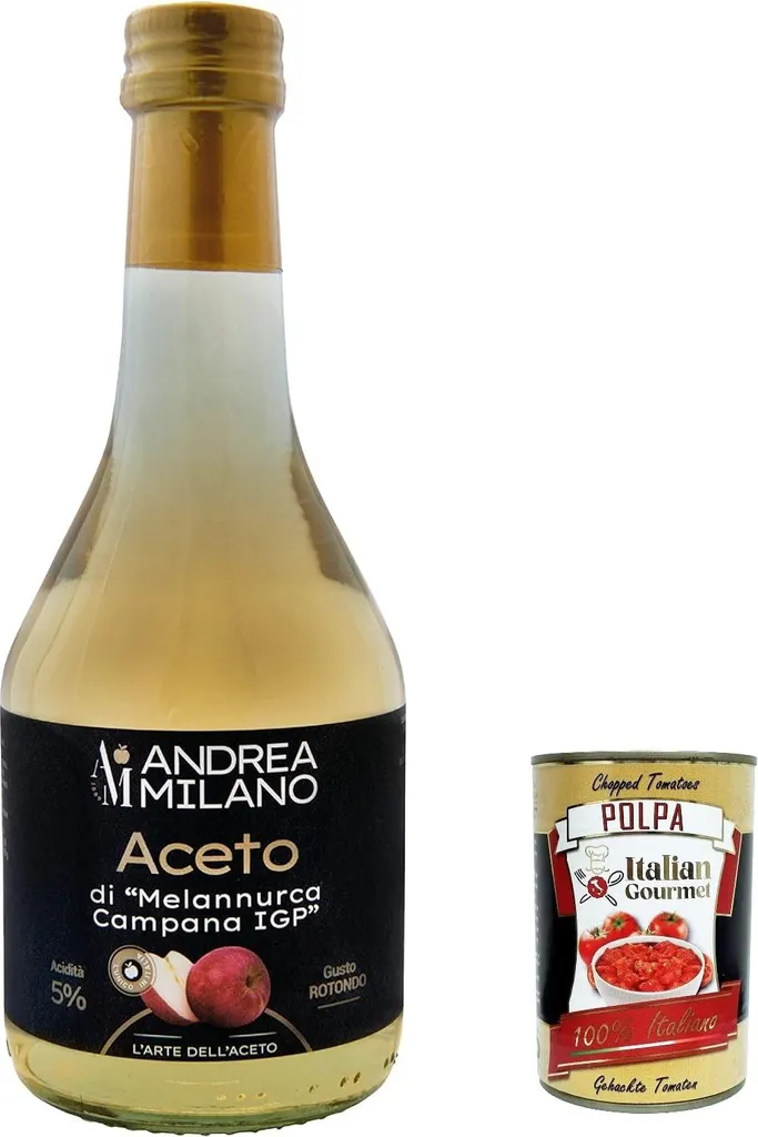 6x Andrea Milano, Aceto di Melannurca Campana IGP, vinegar made from fresh, unpasteurized apples and natural fermentation, acidity 5%, 500ml + Italian gourmet apple pulp 400g