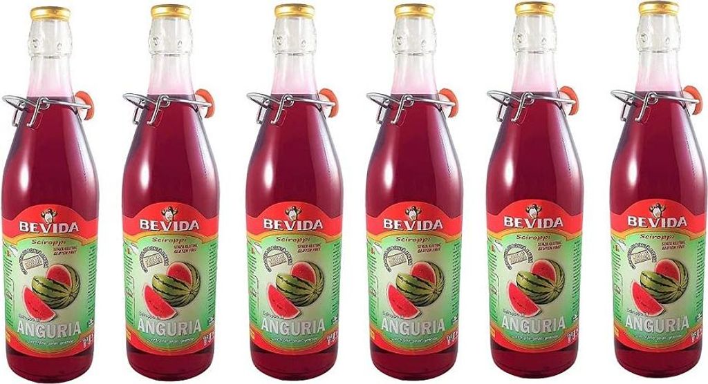 Sciroppi 6x Bevida Sciroppo di Anguria Watermelon Syrup Glass Bottle 1Lt Ideal for drinks, ice and slush 6001g