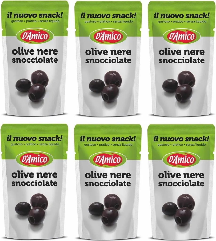 6x DAmico Il Nuovo Snack Olive Nere Snocciolate Stoned Black Olives Without Liquid 75g
