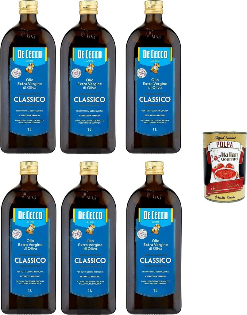 Italian Gourmet E.R. 6x De Cecco Classico Natives Olivenöl Extra Olio Extra Virgin 1 Lt nativ + 1x Italian Gourmet Pulpa