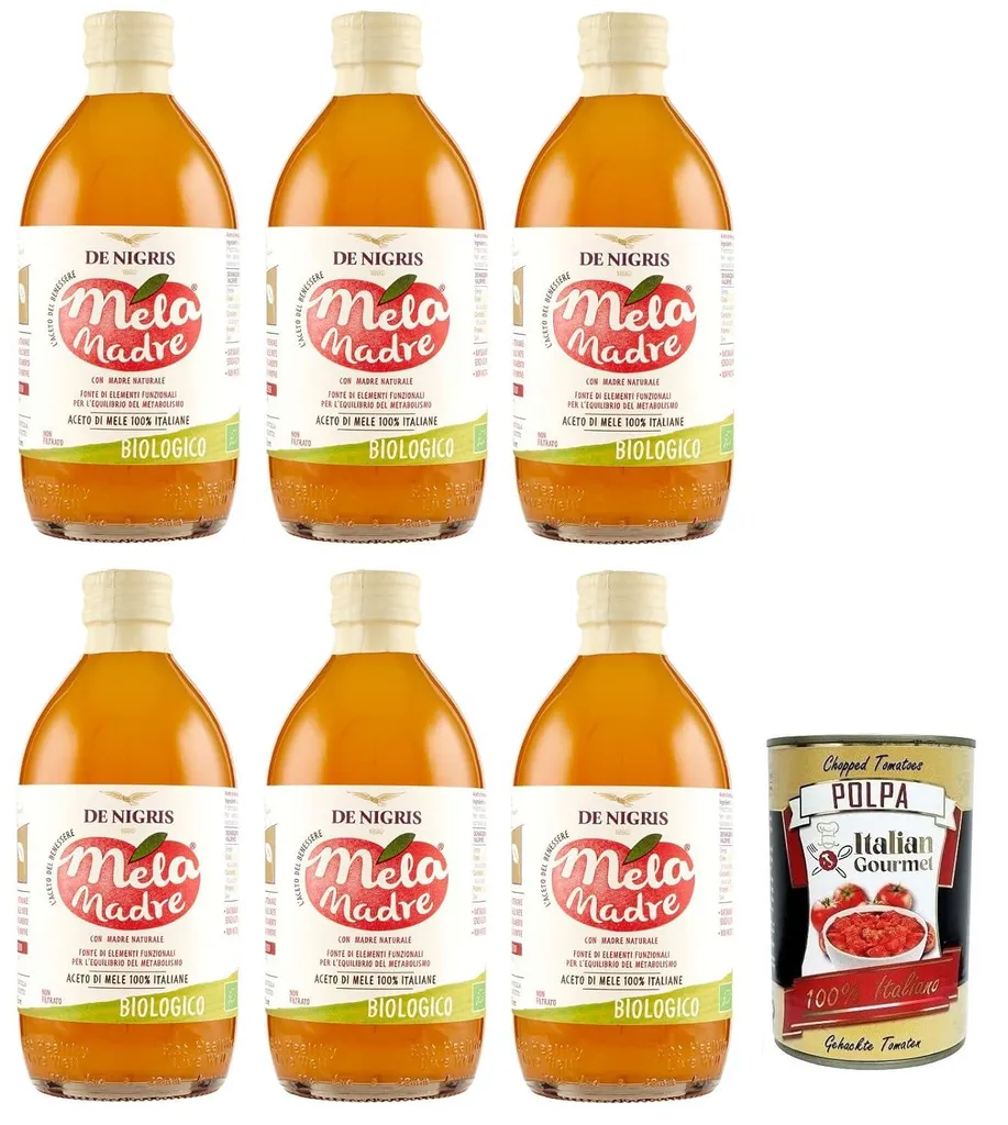 6x De Nigris Organic Apple Cider Vinegar, Organic Apple Cider Vinegar, 100% Italian Apple Cider Vinegar, 500ml + Italian Gourmet Tomato Pulp 400g Dose