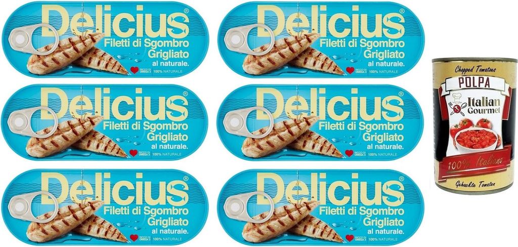 Italian Gourmet E.R. 6x Delicious Natural Grilled Mackerel Fillets, rich in Omega 3, High-quality blue fish, 110g can + Italian Gourmet Tomato Sauce 400g can 1060g