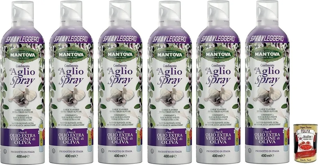 6x Fratelli Mantova Condimento all'Aglio, Spray Extra Virgin Olive Oil Garlic Flavored, Italian Spray Oil 400ml + Italian Gourmet Polpa di Pomodoro 400g Can 4800g